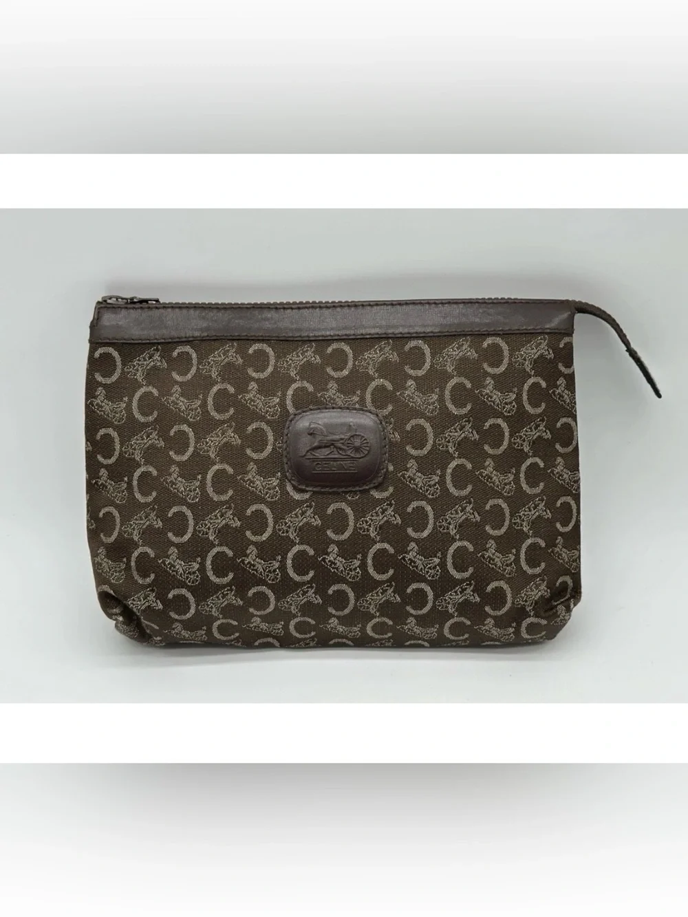 Authentic CELINE Paris C Horse Carriage Monogram Clutch Bag Brown Pouch Vintage